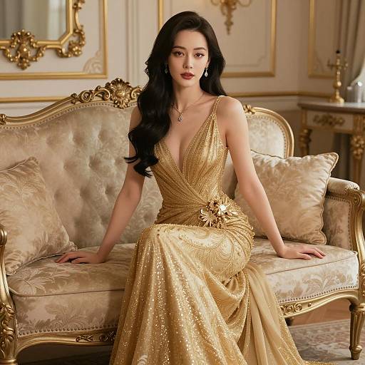 Elegant Woman in Golden Evening Gown Sitting on Ornate Vintage Sofa