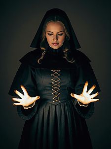 Woman in Gothic Medieval Costume with Illuminated Hands Casting Spell