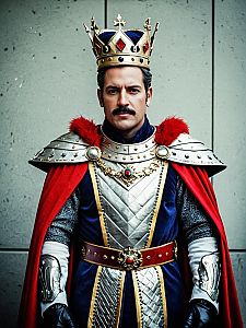 Man in King Outfit with Crown and Armor Costume Cosplay Portrait