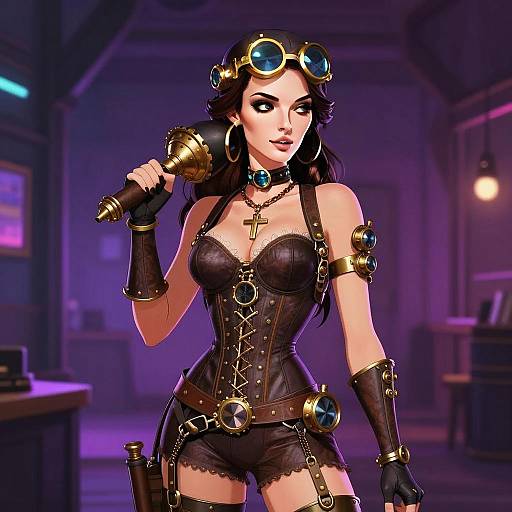 Steampunk Woman in Leather Corset Holding Mechanical Mace