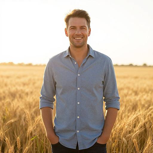 Smiling Man in Wheat Field at Sunset Wearing Blue Shirt