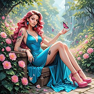Woman with Pink Hair in Serene Garden