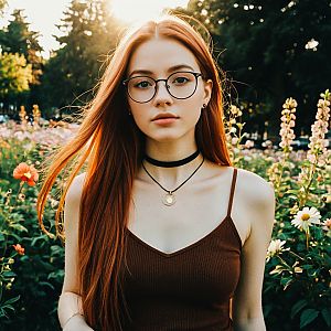 Young Woman in Flower Garden at Golden Hour