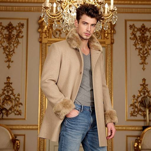 Fashionable Man in Beige Fur Trim Coat and Jeans in Luxurious Interior