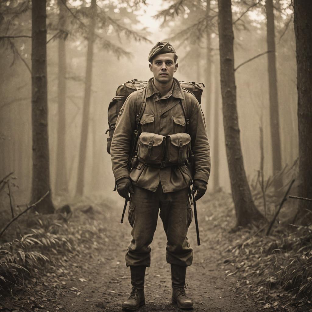 Vintage Military Man in Misty Forest