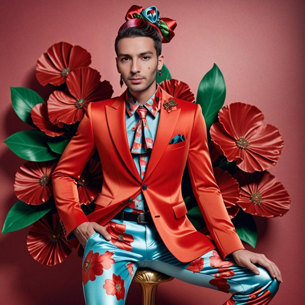 Man in Orange Floral Suit with Headpiece