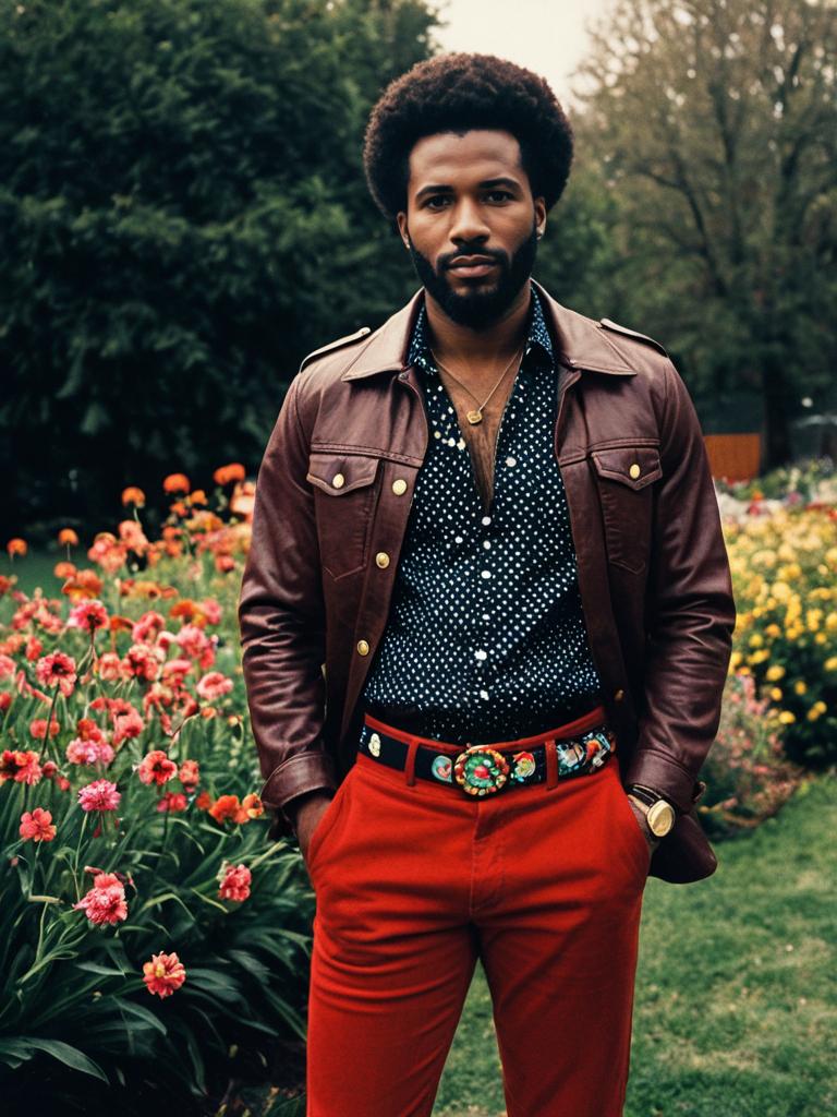 Stylish Man in Retro Disco Theme Outfit with Red Pants and Leather Jacket