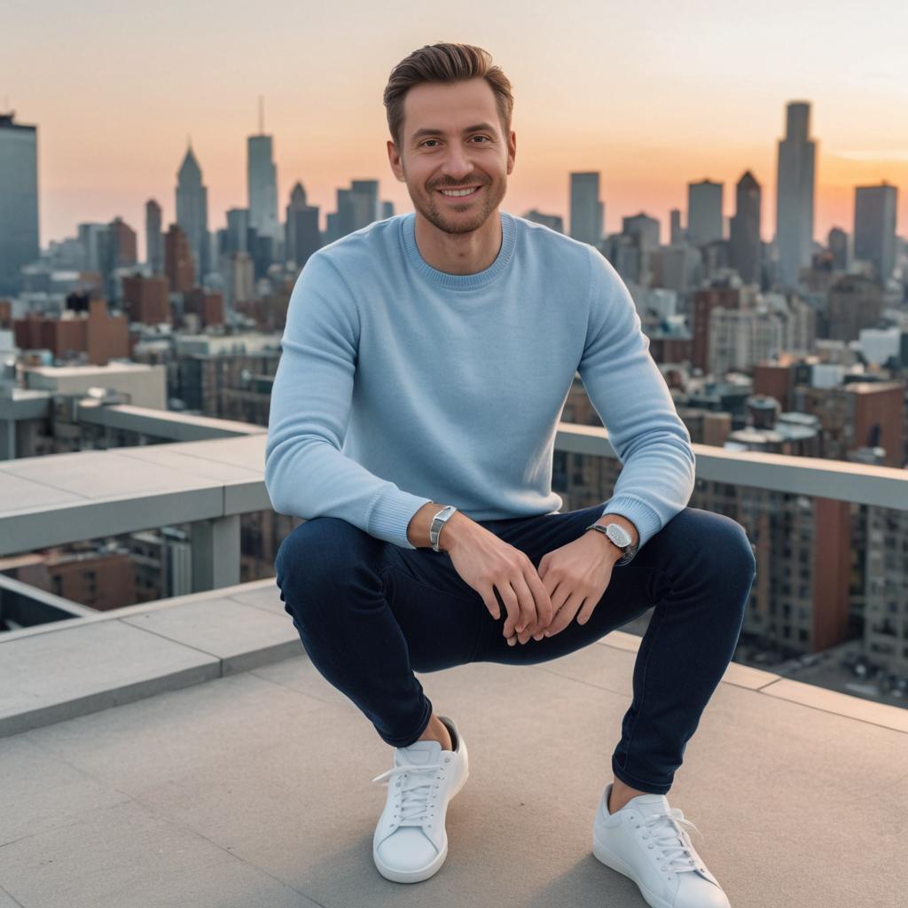 Stylish Man Against City Skyline at Sunset