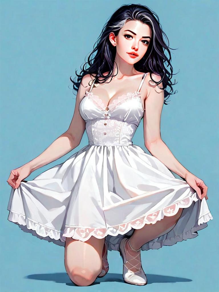 Realistic Comic Style Woman in White Boho Chic Dress Full Body Illustration