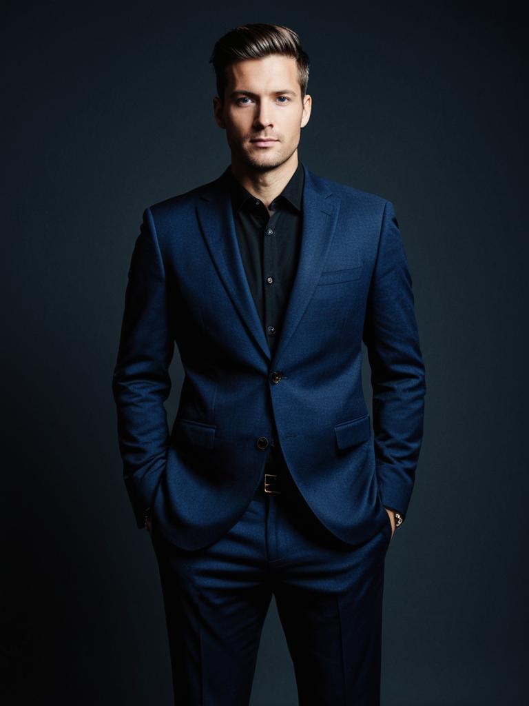 Man in Navy Blue Suit with Black Shirt Full Body Fashion Portrait
