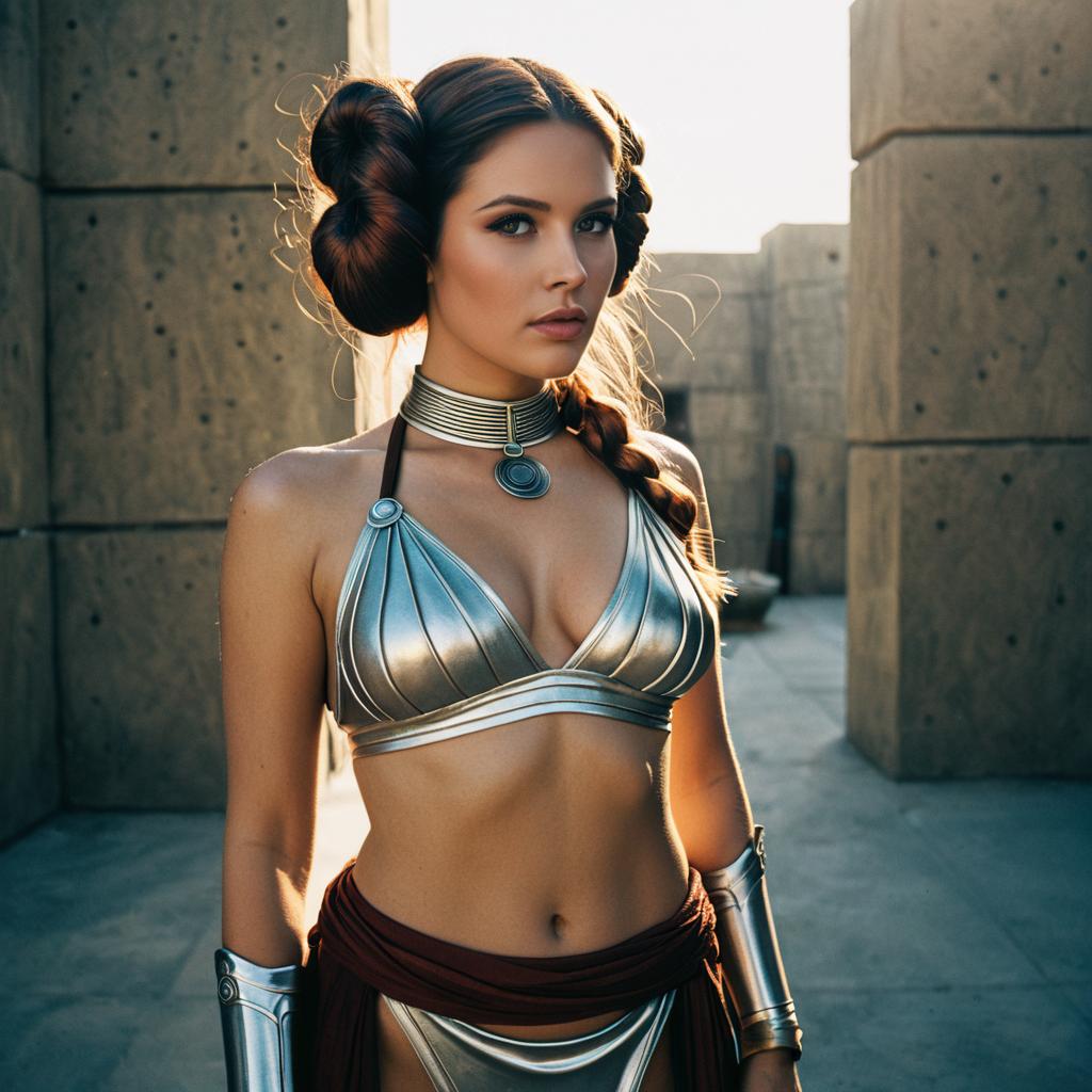 Woman in Metallic Fantasy Armor with Sci-Fi Hairstyle at Ancient Ruins