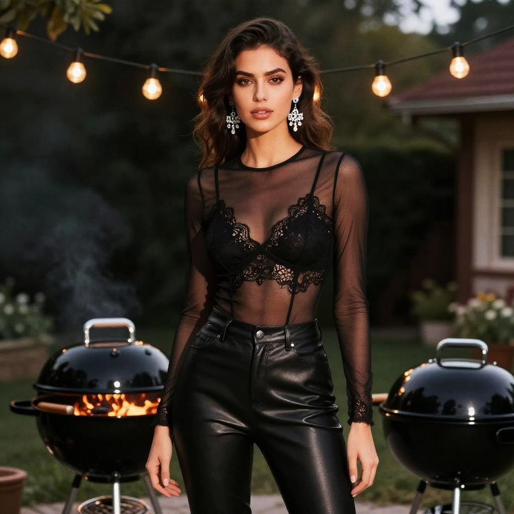 Slim Woman in Black Sheer Mesh Top and Leather Pants in Dark Horse Style Outdoor
