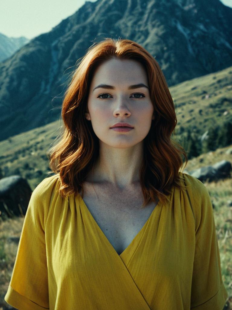 Young Woman in Mustard Yellow Dress Outdoor Portrait with Mountain Background