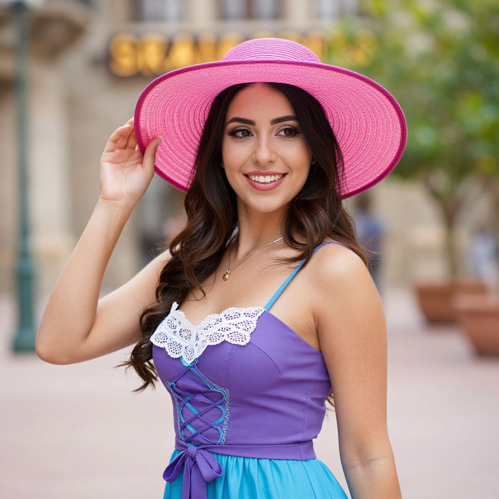 Smiling Woman Wearing Purple and Blue Dress with Pink Hat Outdoors