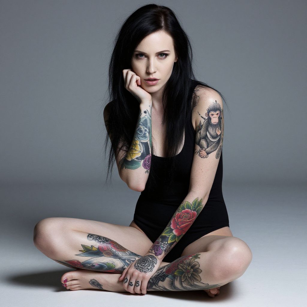 Young Woman with Colorful Tattoos Sitting on Floor in Black Bodysuit