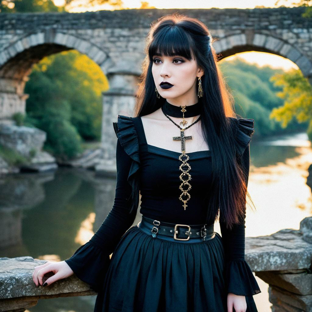 Gothic Woman by Scenic Riverbank at Sunset Gothic Woman by Scenic Riverbank at Sunset