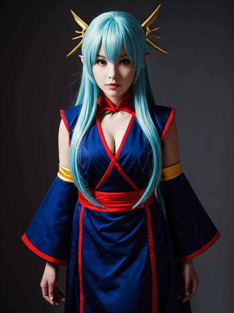 Realistic Nejire Hado Cosplay Woman in Blue and Red Costume