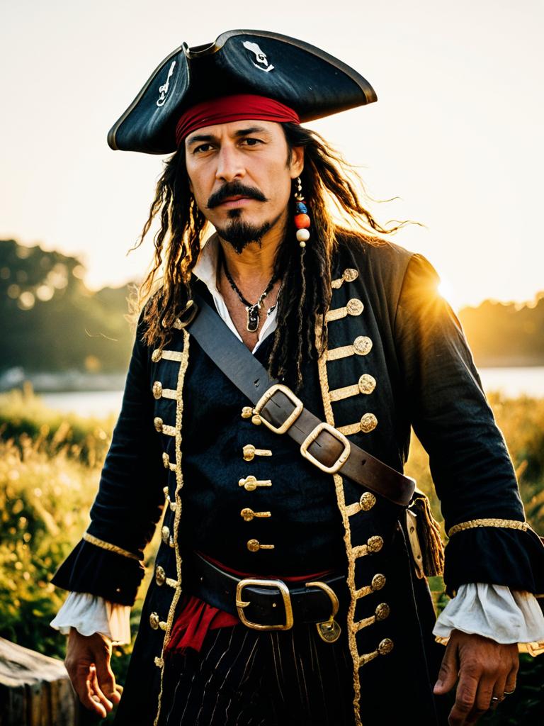 Man in Photorealistic Pirate Costume Outdoor Portrait at Golden Hour