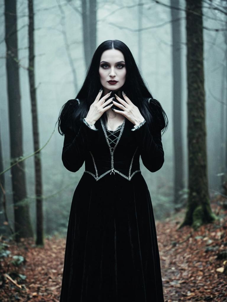 Woman in Morticia Addams Costume Gothic Black Dress Outdoor Cosplay
