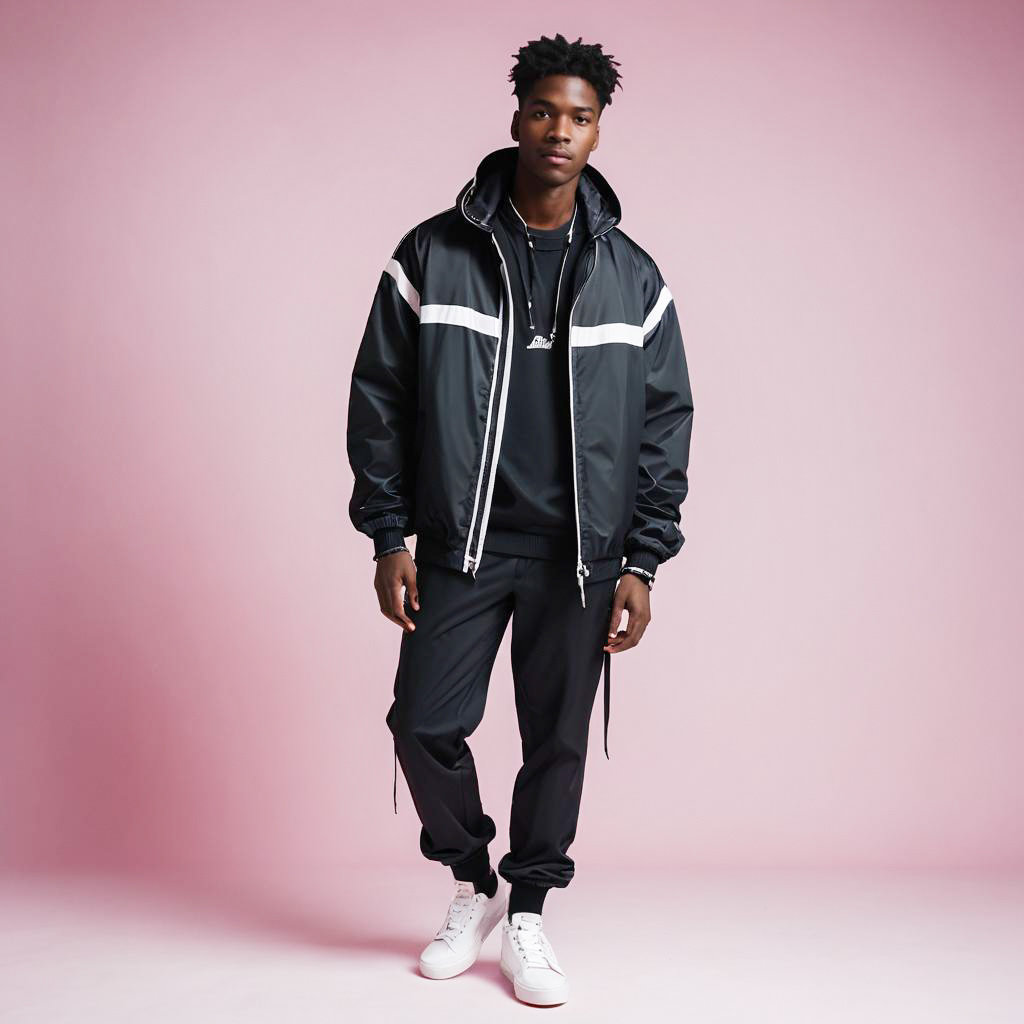 Stylish Young Man in Streetwear with Windbreaker and Joggers