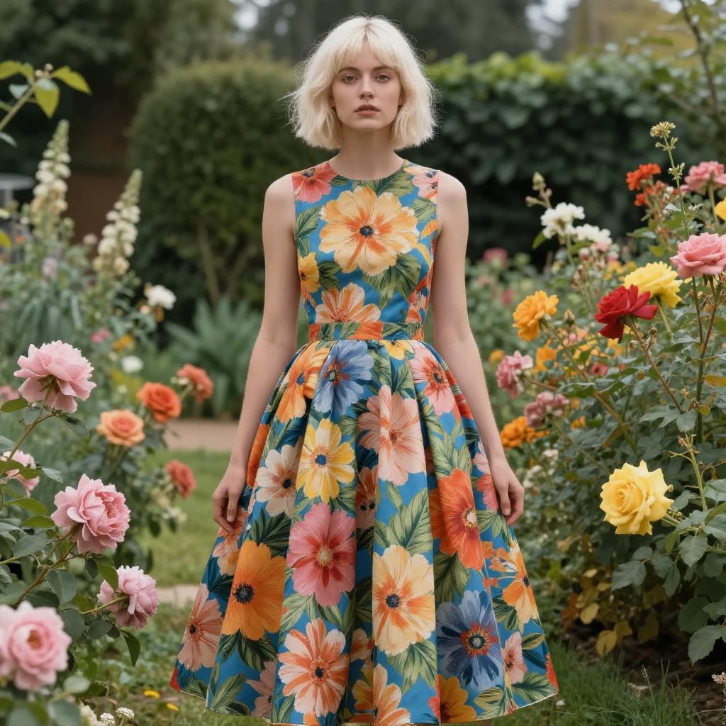 Woman in Vintage Floral Dress Standing in Colorful Garden