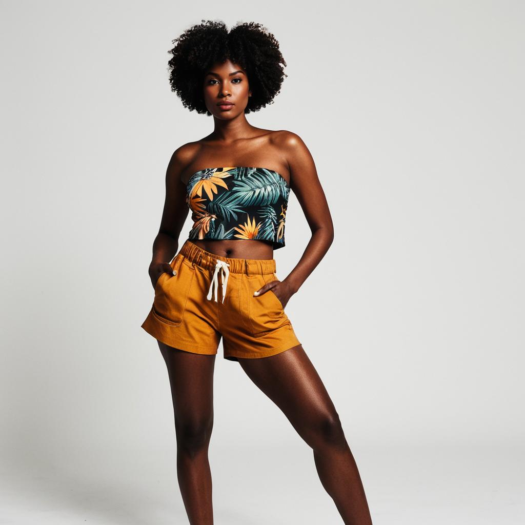 Confident Woman in Tropical Tube Top and Mustard Yellow Shorts
