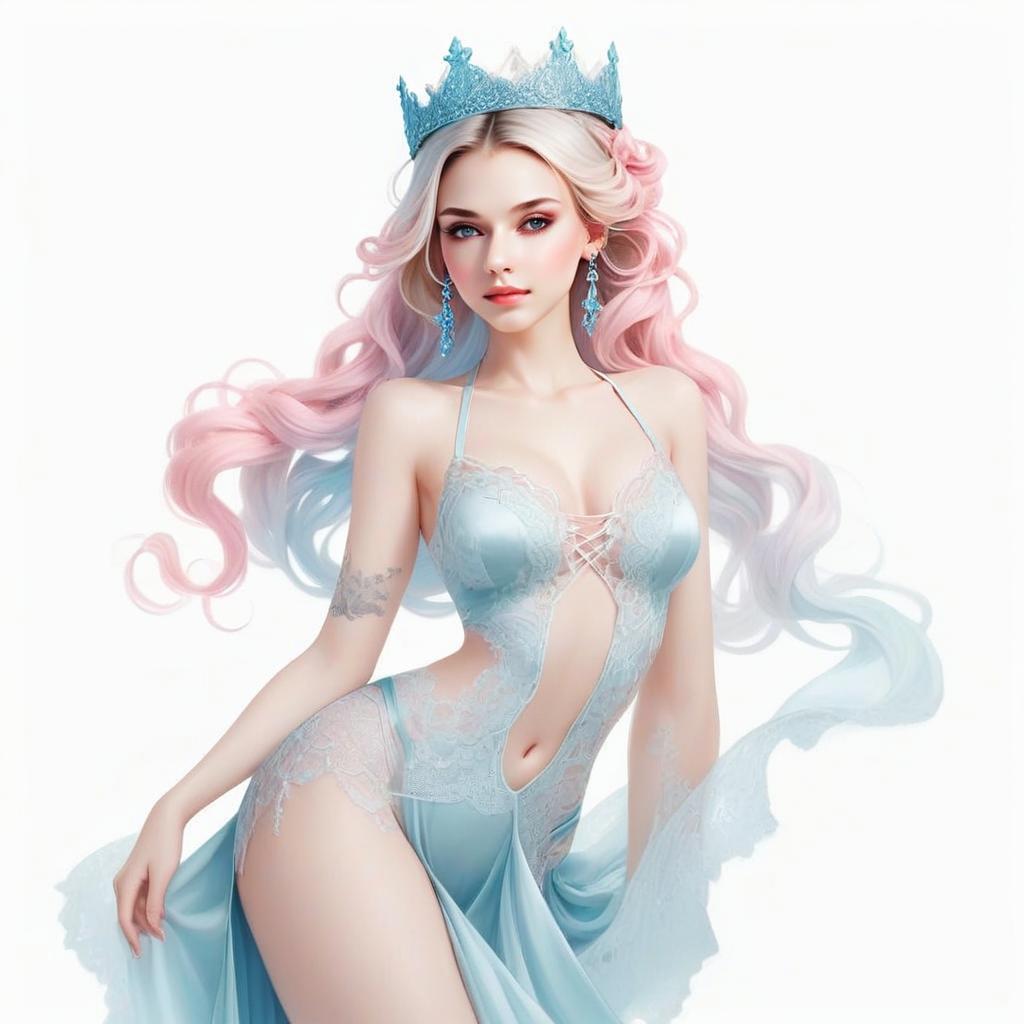 Fantasy Woman in Light Blue Lace Dress with Pastel Hair