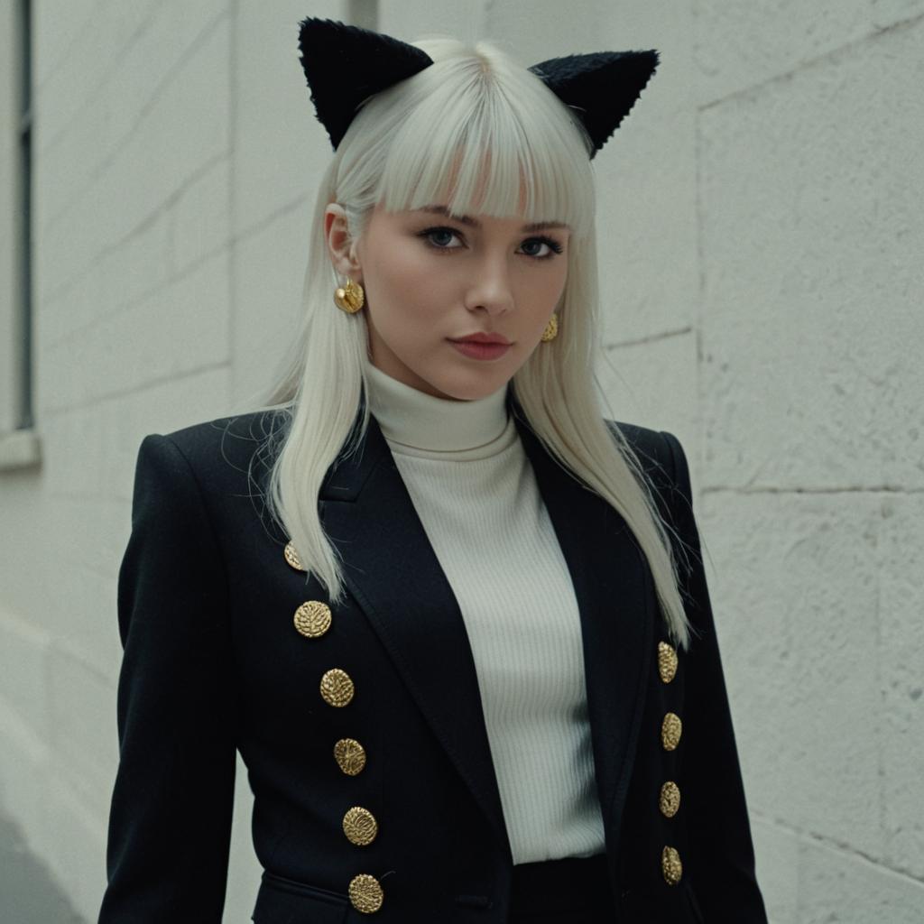 Stylish Woman in Black Blazer with Gold Buttons and Cat Ears Headband