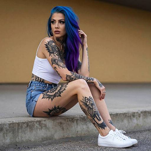 Young Woman with Blue Purple Hair and Extensive Tattoos Sitting on Concrete Ledge