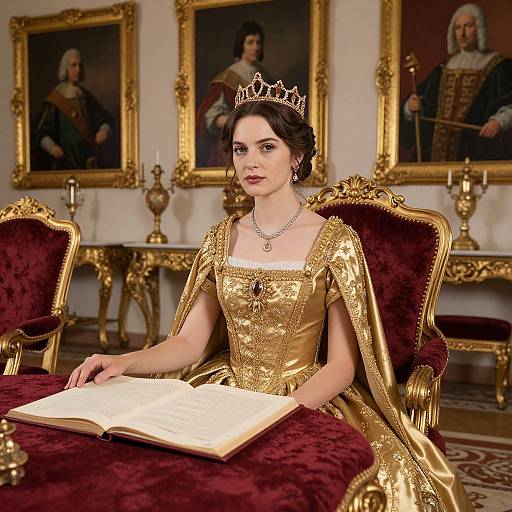 Regal Woman in Gold Gown Reading at Ornate Antique Royal Palace