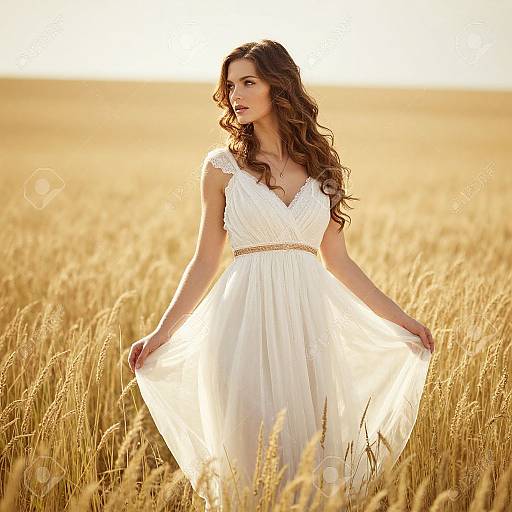 Woman in Elegant White Dress in Golden Wheat Field