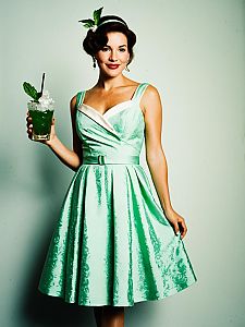 Woman in Mint Green Vintage Dress Holding Cocktail with Mint Garnish