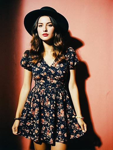 Boho Chic Woman in Floral Print Skater Dress with Wide-Brimmed Hat