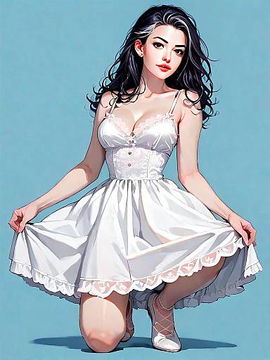 Realistic Comic Style Woman in White Boho Chic Dress Full Body Illustration
