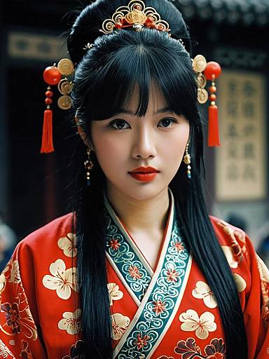Portrait of Woman in Traditional Chinese Hei Hei Costume with Floral Embroidery