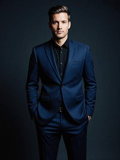 Man in Navy Blue Suit with Black Shirt Full Body Fashion Portrait