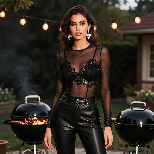 Slim Woman in Black Sheer Mesh Top and Leather Pants in Dark Horse Style Outdoor