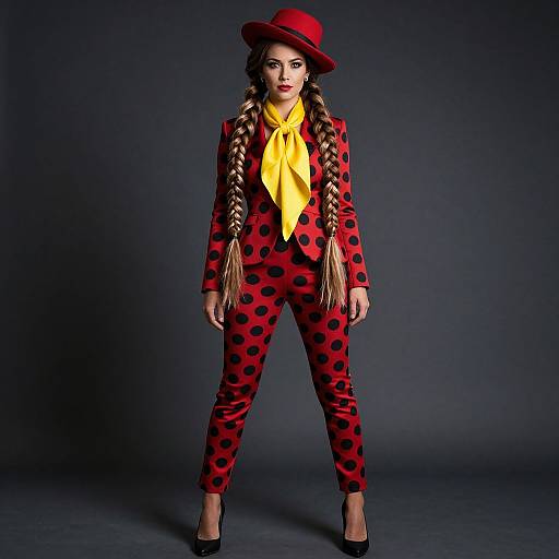 Stylish Woman in Red Polka Dot Suit with Yellow Bow and Hat