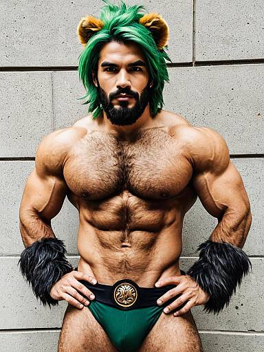 Muscular Man in Green Fantasy Lion-Inspired Costume with Furry Accessories