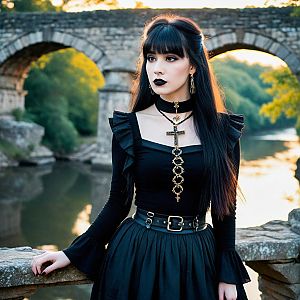 Gothic Woman by Scenic Riverbank at Sunset