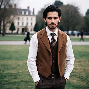 Stylish man in brown vest and coat outdoors