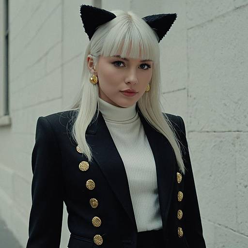 Stylish Woman in Black Blazer with Gold Buttons and Cat Ears Headband