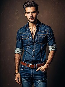 Man in Stylish Denim Jeans Outfit Waist Up Editorial Portrait