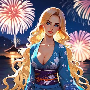Woman in Floral Kimono Against Fireworks