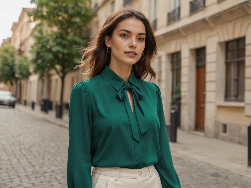 Elegant Woman in Chic Blouse and High-Waist Pants