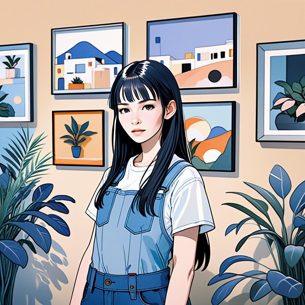 Young Woman in Overalls with Art Background Young Woman in Overalls with Art Background