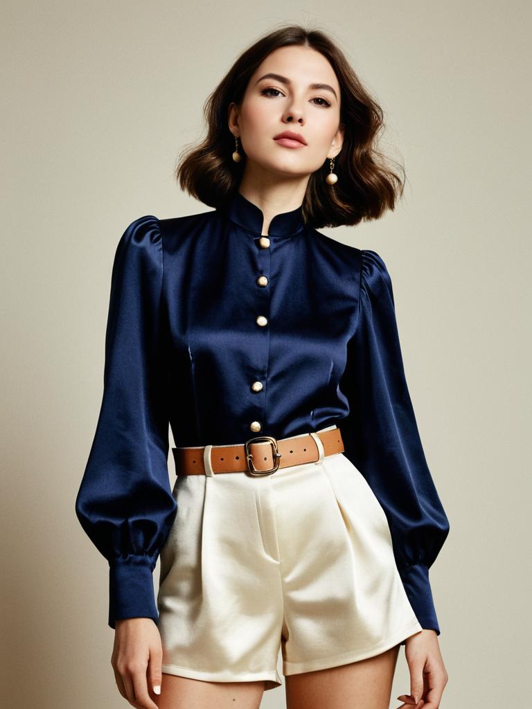 Elegant Woman in Navy Satin Blouse and Ivory Shorts Fashion Portrait