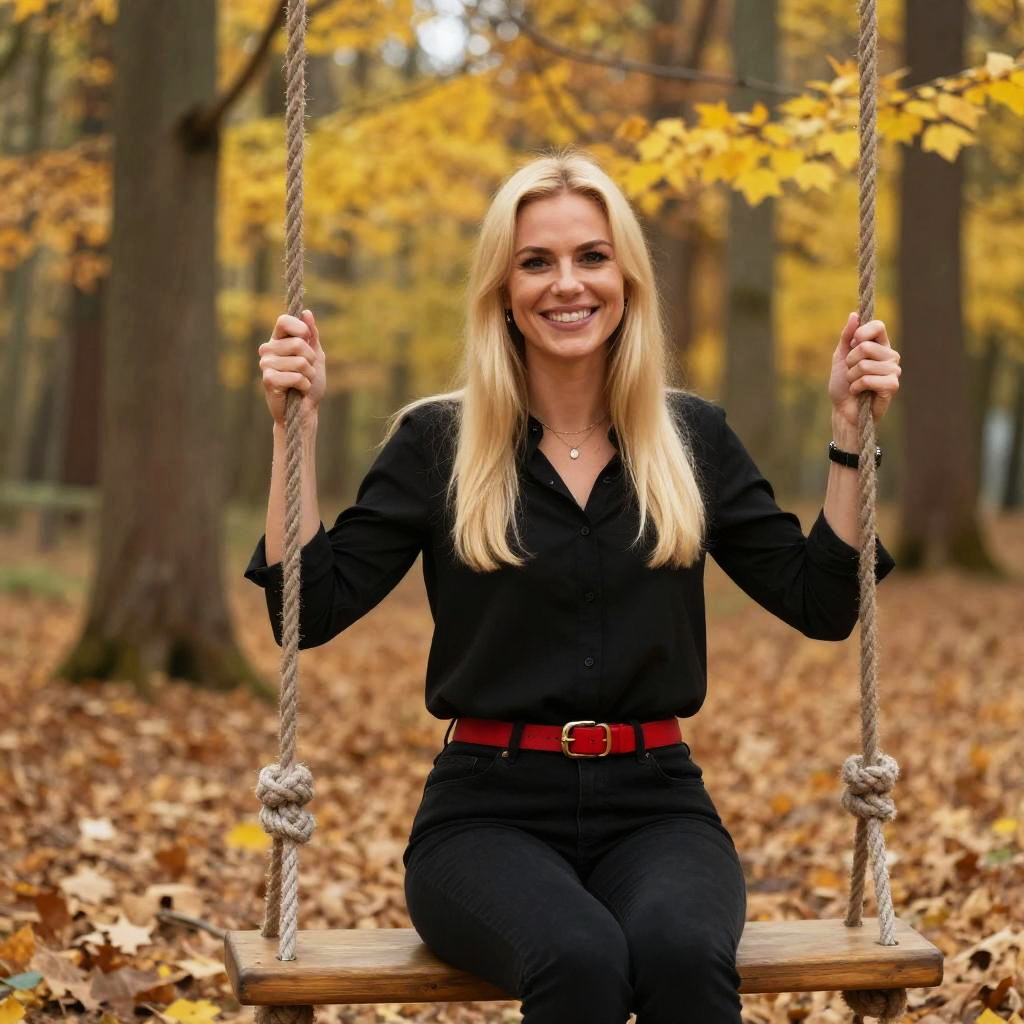 Blonde Woman Sitting on Swing in Autumn Forest