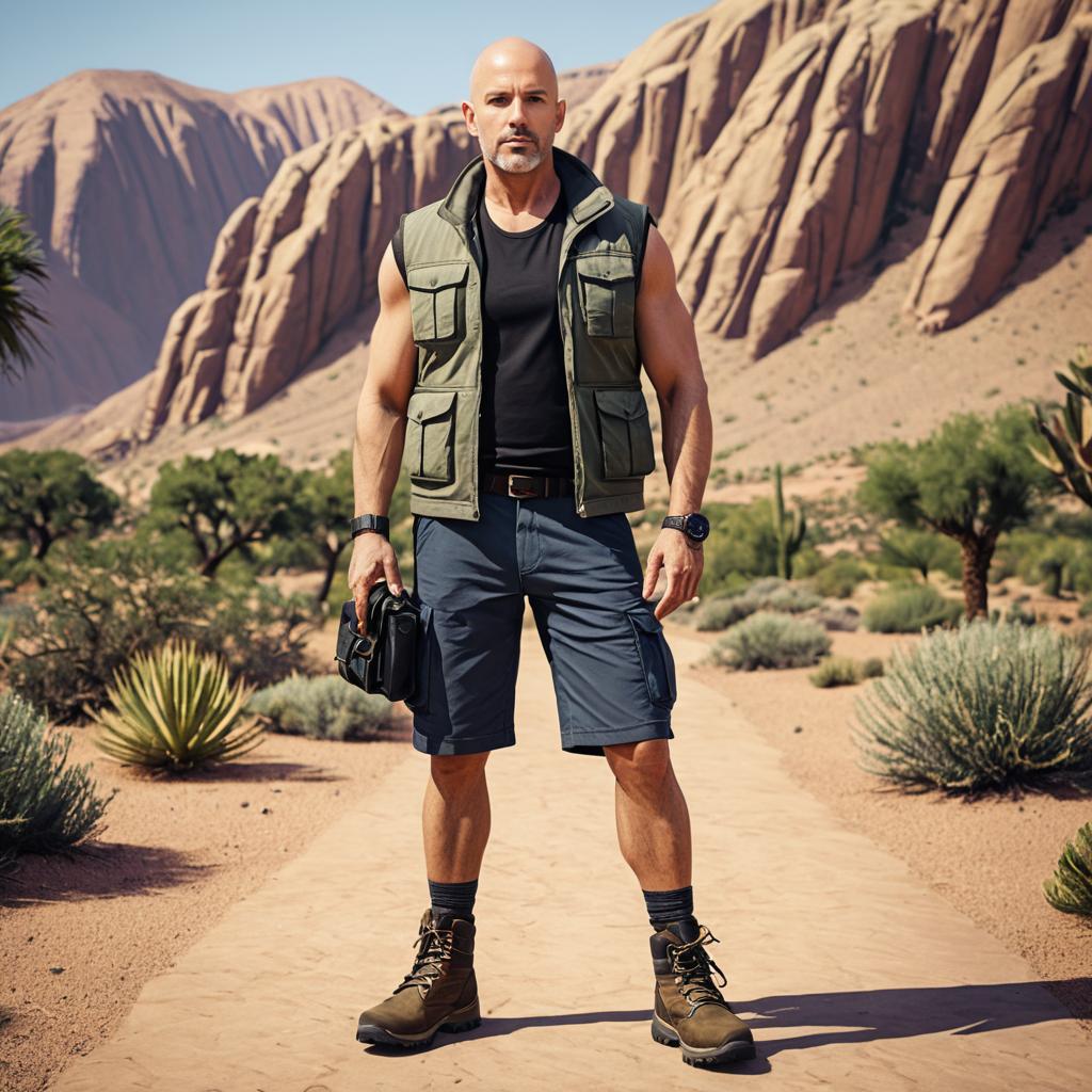 Fit Man Hiking in Desert Landscape with Rocky Mountains