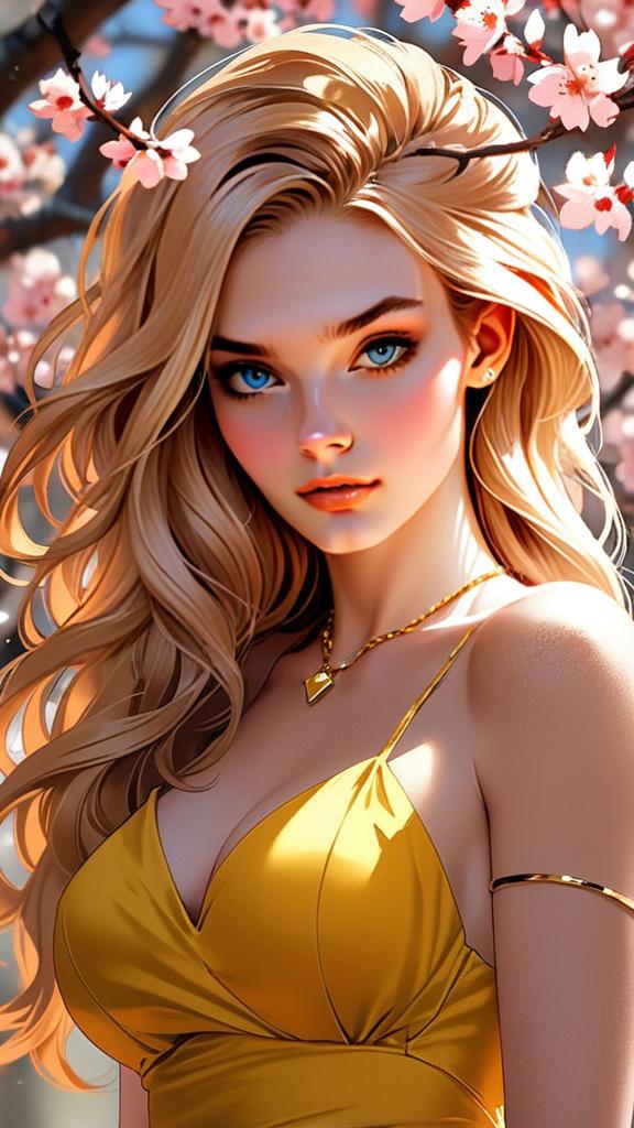 Young Woman in Yellow Dress Among Cherry Blossoms